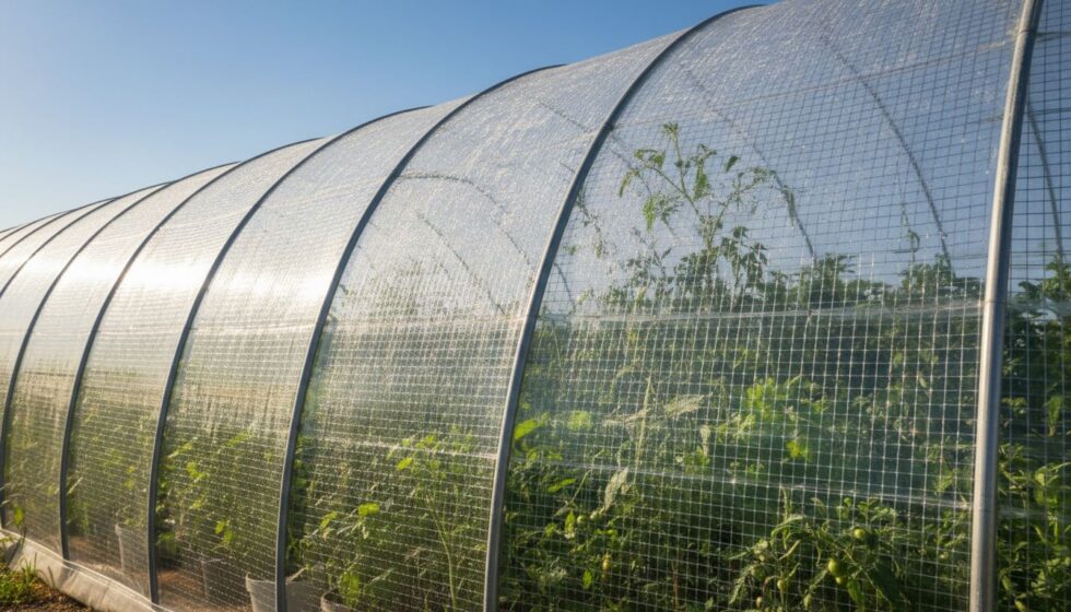A close-up view of a greenhouse with reinforced film covering the structure, showcasing the texture and translucence of the material. In the foreground, details of the film's weave and how it reflects sunlight can be observed. The middle-ground features green plants thriving inside the greenhouse, emphasizing the effectiveness of the film in creating a suitable growing environment. The background includes a clear blue sky, enhancing the natural light effects. The image should be taken from a low angle, highlighting the height of the greenhouse while imbibing a sense of clarity and focus on the film's attributes. The atmosphere should feel vibrant and inviting, with natural colors dominating the scene, illustrating the practical applications of greenhouse films.